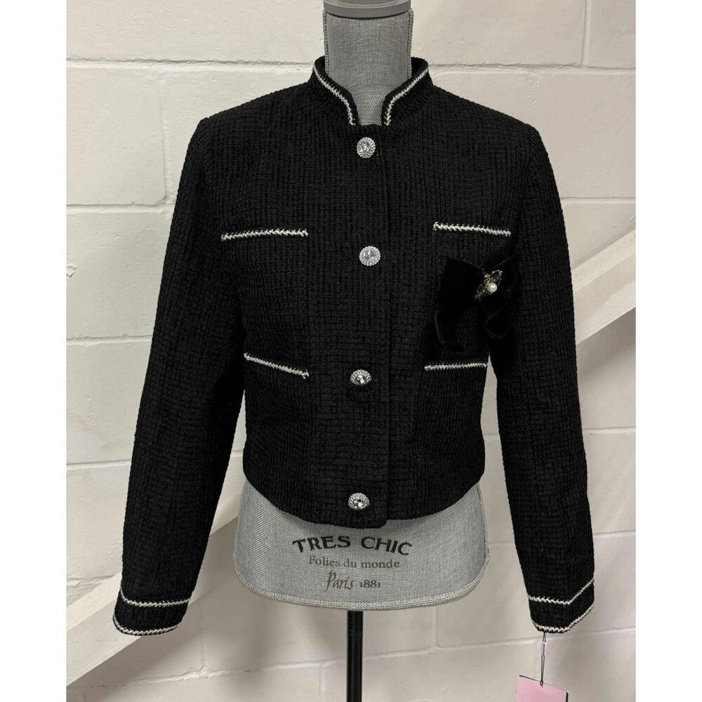 Avec Les Filles Tweed Crop Jacket Career Black Velvet Bow Trim Women’s Small NWT - Picture 4 of 16